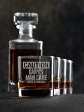 Caution Man Cave : Decanter Rocks Glass Gift Sets - Engraved