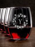 Cotton Wreath Monogram : Stemless Wine Glasses - Engraved