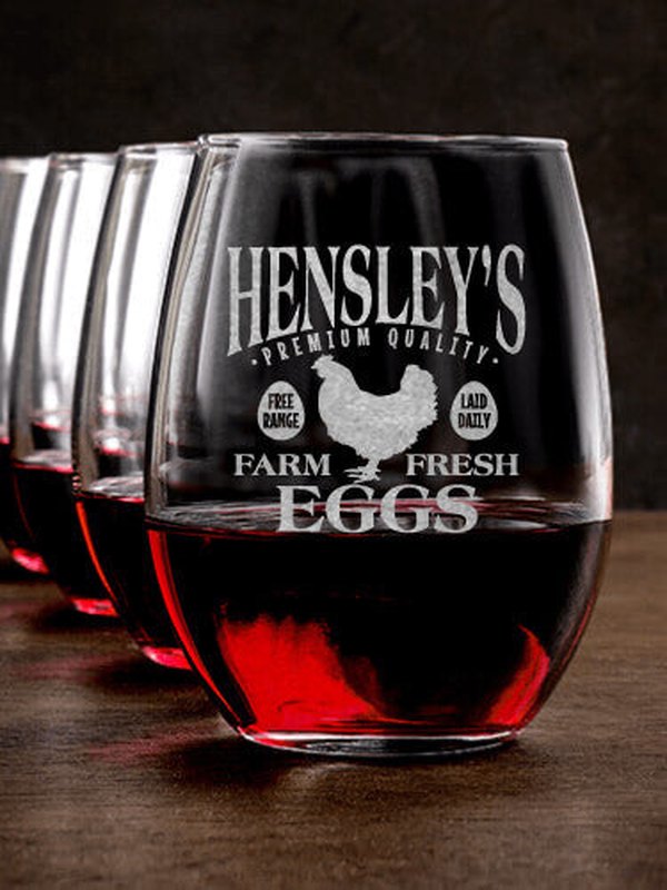 Farm Fresh Eggs : Stemless Wine Glasses - Engraved