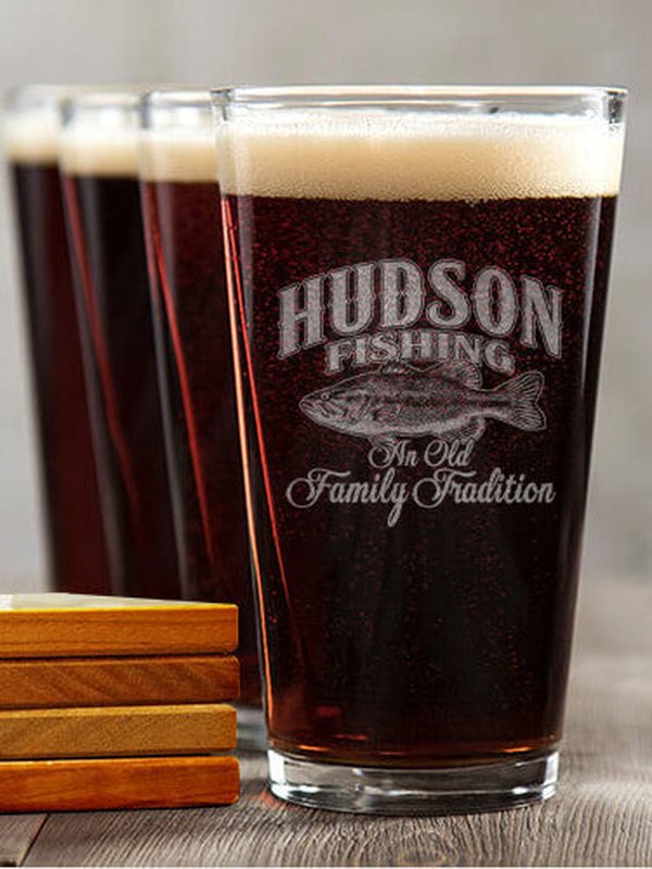 Fishing Family Tradition : 4 Pint Glasses - Engraved 4 Coasters Gift Set